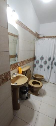 y baño con 2 aseos, lavamanos y ducha. en Guicarodia I en Salta
