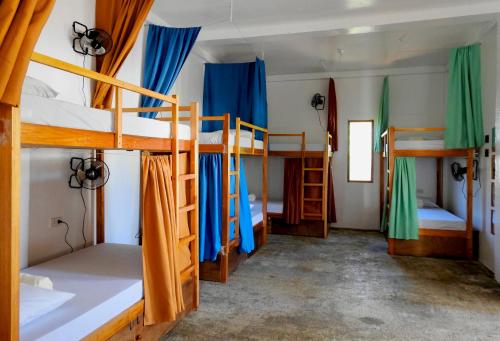 um quarto com quatro beliches numa casa em Three Little Birds Hostel em General Luna