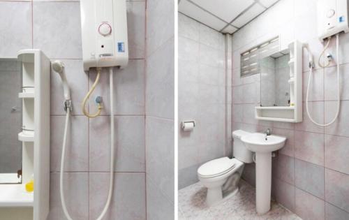 two pictures of a bathroom with a shower and a toilet at THE NAIYANGHOUSE in Nai Yang Beach