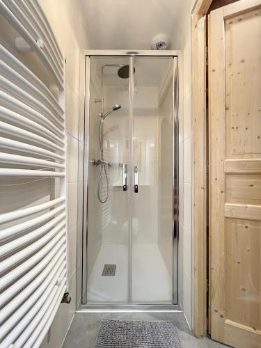La salle de bains est pourvue d'une cabine de douche en verre. dans l'établissement Chalet Le Vallonnet, à La Toussuire