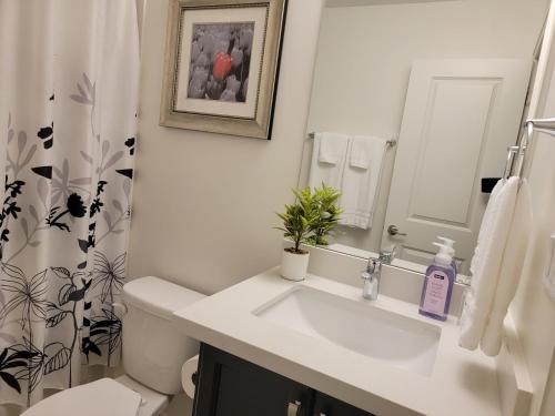 uma casa de banho branca com um lavatório e uma cortina de chuveiro em Chorburjo Cozy Villa - Deluxe Room em Penetanguishene