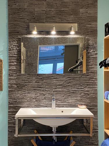 a bathroom with a sink and a mirror at Studio dans maison avec parking in Bouguenais