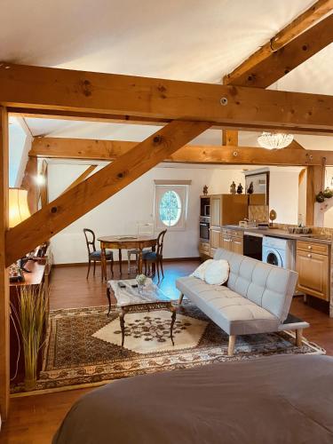 ein Wohnzimmer mit einem Sofa und einem Tisch in der Unterkunft LA MARIEFACTURE - Comme sous les toits in Saint-Avold
