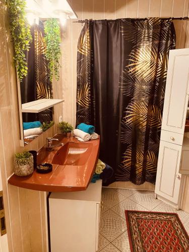 a bathroom with a sink and a shower at LA MARIEFACTURE - Comme sous les toits in Saint-Avold