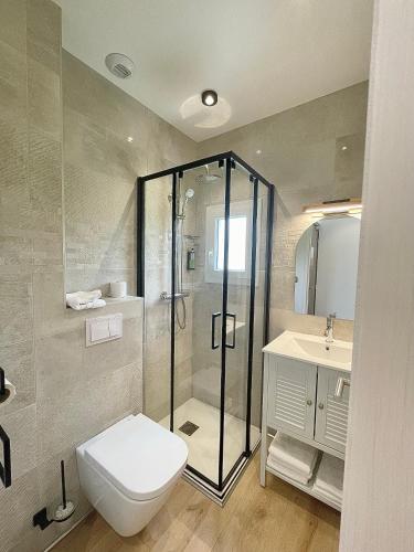 a bathroom with a shower and a toilet and a sink at Hôtel Le Bel Air in Saint-André-les-Alpes