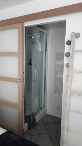 uma cabina de duche em vidro numa casa de banho com em Chez Santia em Brinon-sur-Sauldre