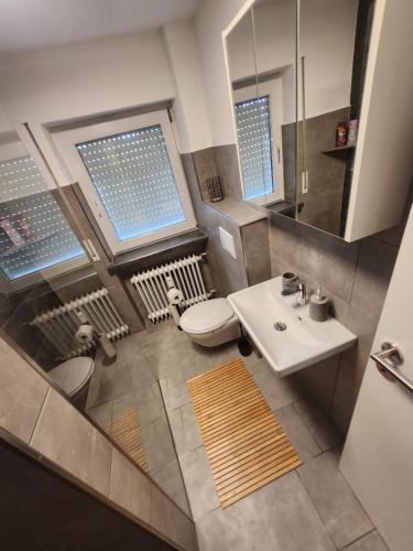 a bathroom with a sink and a toilet and a mirror at Apartment am Südhang 2 in Dinkelsbühl