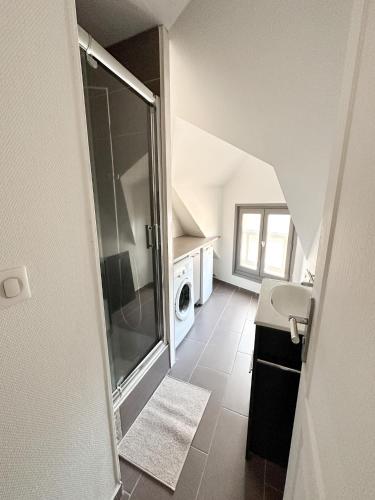 une salle de bain avec douche et machine à laver dans l'établissement Charmant duplex en centre-ville, à Brive-la-Gaillarde