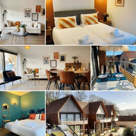 un collage de photos d'une chambre et d'une maison dans l'établissement Appartement proche centre historique avec parking, à Sarlat-la-Canéda