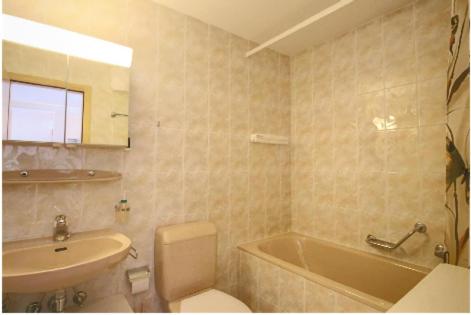 een badkamer met een wastafel, een toilet en een bad bij Résidence Les Mandarins D in Crans-Montana