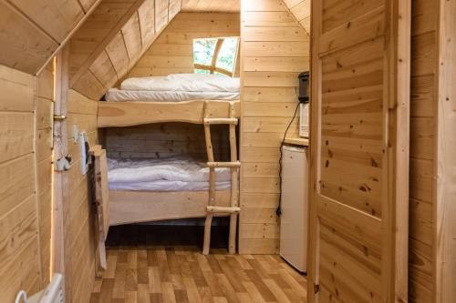 1 dormitorio con literas en una casa pequeña en La cabane magique, en Conty