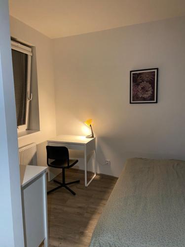 a bedroom with a bed and a desk with a lamp at Wolkerovka Apartment 1 in Olomouc