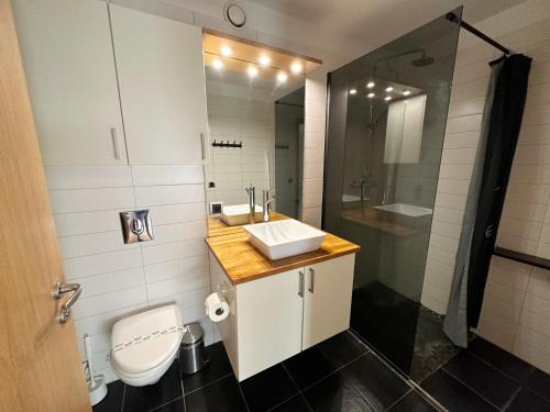 a bathroom with a sink and a toilet and a shower at Reykjavík Central Apartments in Reykjavík