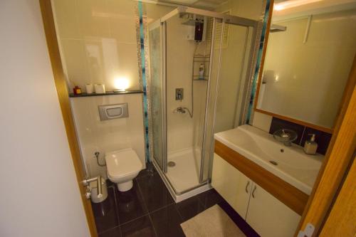 y baño con ducha, aseo y lavamanos. en Waterfall Residence, en Antalya