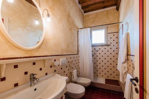 a bathroom with a sink and a toilet and a mirror at Residence Borgo Felciaione in Riparbella