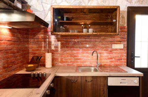 a kitchen with a sink and a brick wall at Villa Palace in Zemuniki
