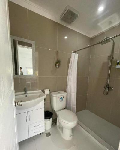 a bathroom with a toilet and a sink and a shower at Lopez Beach Resort in Sipalay