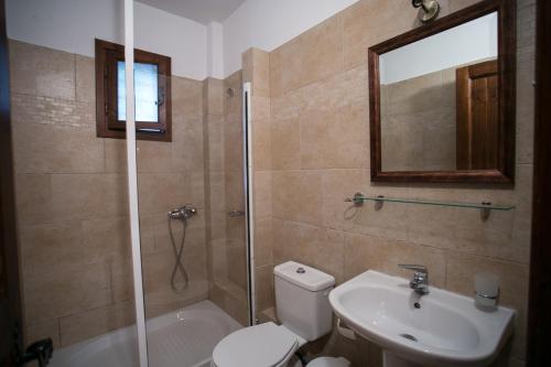 La salle de bains est pourvue de toilettes, d'un lavabo et d'une douche. dans l'établissement Enastron Guesthouse, à Palaios Panteleimonas