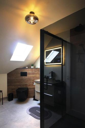 a bathroom with a sink and a mirror and a light at Connemara luxury apartment in Kinvara