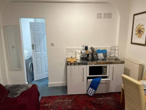a small kitchen with a sink and a microwave at Impressive Large StudioWoodford in Woodford Green