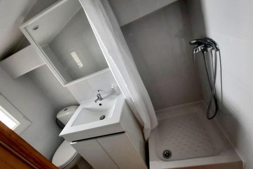 ein Badezimmer mit einem Waschbecken, einem Spiegel und einem WC in der Unterkunft La Romarine - Piscine - Centre village in Bessan