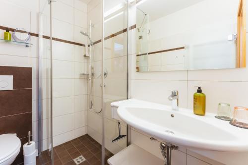 a bathroom with a sink and a shower at Kamenhof in Weissensee