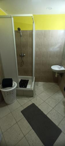 a bathroom with a shower and a sink at Apartmán Robert in Kežmarok