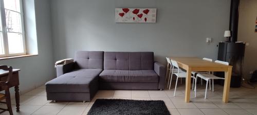 a living room with a couch and a table at Appartement République in Carbonne