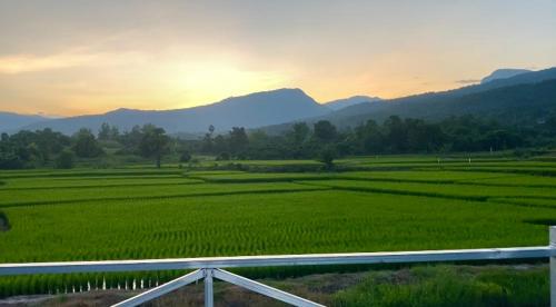 a field with a fence and mountains in the background at นาปุย คันทรีโฮม Napui Countryhome 纳普乡村别墅 in Ban Huai Kaet