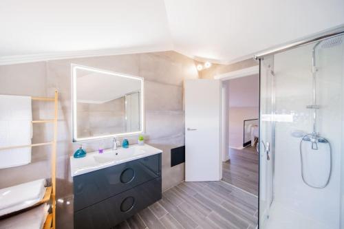W łazience znajduje się umywalka, lustro i prysznic. w obiekcie Pena View Apartment w mieście Santa Cruz