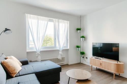 een woonkamer met een blauwe bank en een tv bij Roseto Apartment by Quokka 360 - apartment in strategic area with balcony in Balerna