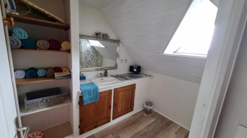 une salle de bain avec un lavabo et un miroir dans l'établissement Une petite maison du Rozel - gite tout confort, à Le Rozel