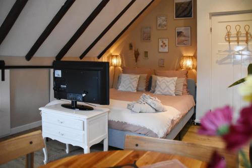 Schlafzimmer mit einem Bett und einem TV auf dem Tisch in der Unterkunft Bed en Breakfast Studio Raif - Authentiek en sfeervol overnachten in Veendam