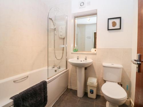 a bathroom with a toilet and a sink and a shower at The Kate Kennedy Apartment in St Andrews