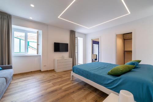 馬奧萊的住宿－REGINNA LIGHTHOUSE，一间卧室配有一张床、一张沙发和一台电视。
