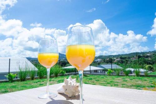 due bicchieri di vino arancione seduti su un tavolo di La casa tropicale a Le François