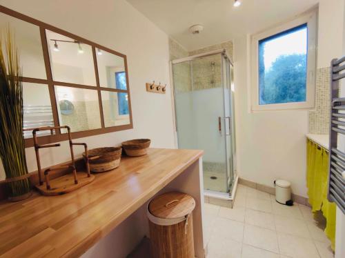 bagno con bancone in legno e doccia in vetro di Appartement complet St Nolff 4 a Saint-Nolff