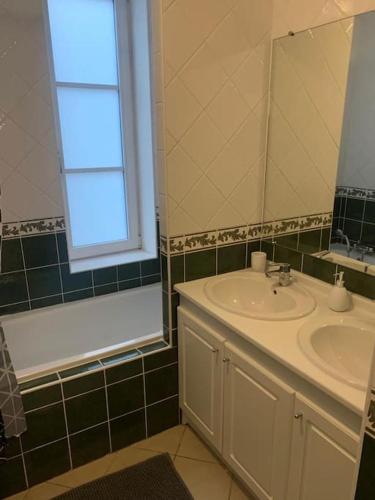 une salle de bain avec un lavabo, un miroir et une baignoire dans l'établissement T4 en centre-ville, proche gare avec parking, à Valenciennes