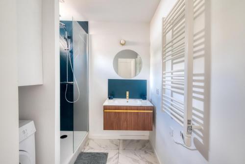 une salle de bain avec un lavabo et un miroir dans l'établissement ¤Maison¤ / standing / terrasse et cœur de ville, à Angers