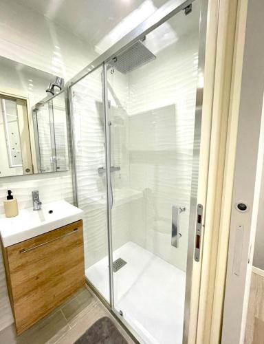 uma casa de banho com um chuveiro e um lavatório. em Congrès Résidence em Nice