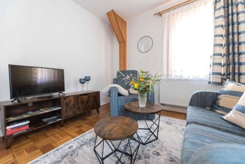 a living room with a blue couch and a tv at Im alten Kino in Fehrenbach