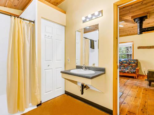 a bathroom with a sink and a mirror at Mersey River Chalets a nature retreat in Caledonia