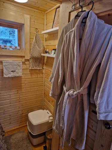 Baño con aseo en una cabaña de madera en Mini saunahouse, 