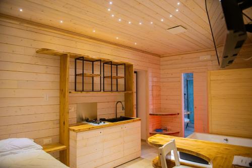 a room with wooden walls and a kitchen with a counter at ARTEMIDE "Corte Segreta" B&B SUITE SPA in San Cipriano Picentino