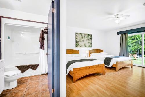 a bedroom with two beds and a toilet at Mersey River Chalets a nature retreat in Caledonia