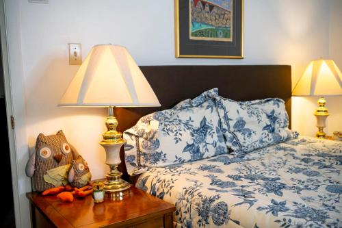 a bedroom with a bed and a lamp on a table at Southwest Charming Apartment - Amazing View in Pittsburgh