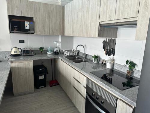 eine Küche mit Spüle und Arbeitsplatte in der Unterkunft Departamento La Serena in La Serena