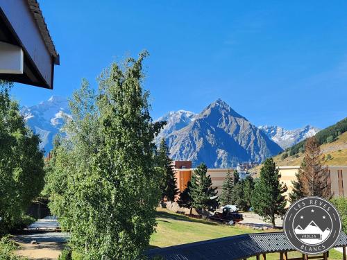 - une vue sur les montagnes depuis un hôtel avec un arbre dans l'établissement Les rêves blancs, appartement de standing. les 2 alpes, à Les Deux Alpes