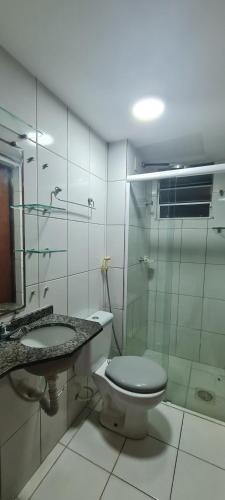 y baño con aseo, lavabo y ducha. en APARTAMENTO MOBILIADO EM SÃO LUÍS, en São Luís