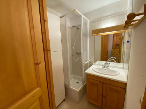a bathroom with a shower and a sink at Appartement lumineux, 4 personnes, 1 chambre - OCII10 in Beaufort
